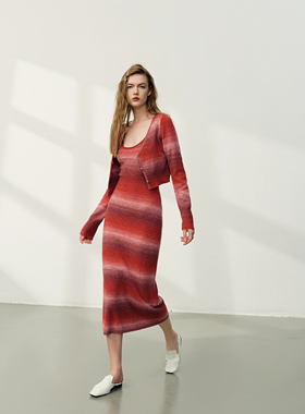 秋冬时尚修身弹力挂脖红色背心针织裙连衣裙套装女士