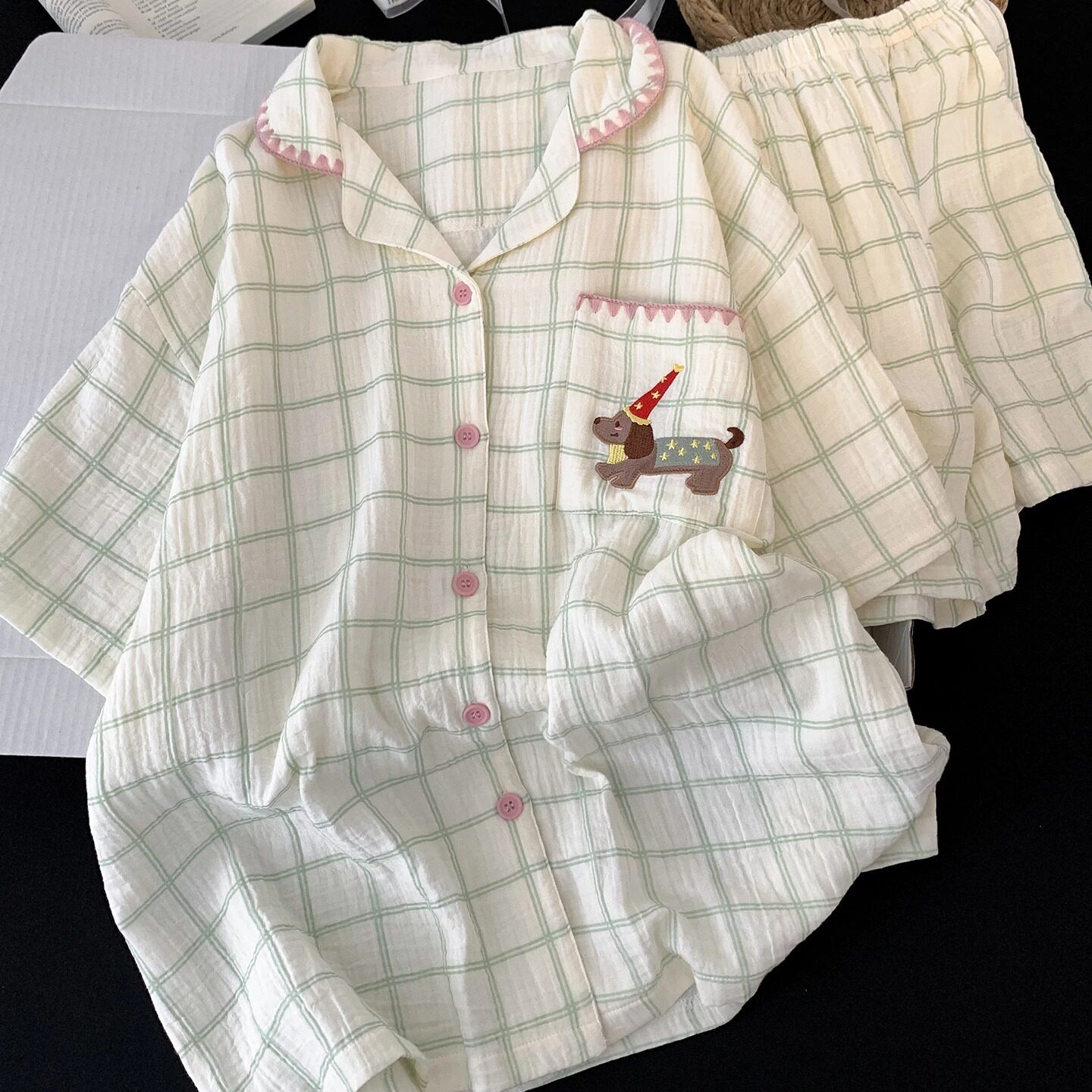 棉纱大码短袖睡衣女腊肠狗刺绣