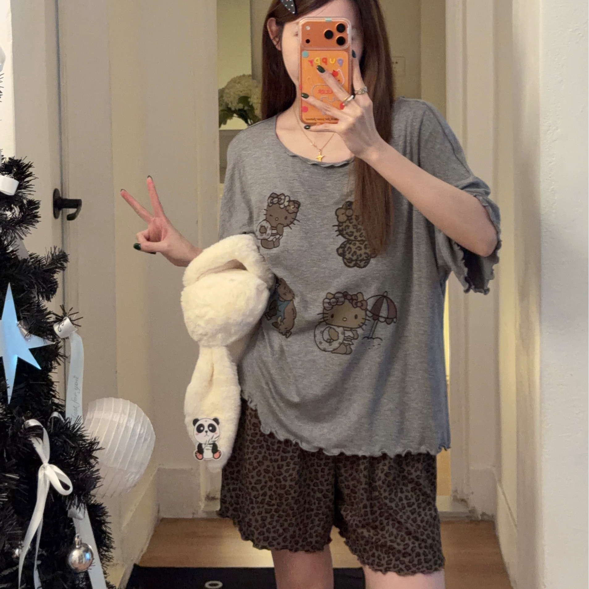 莫代尔带胸垫豹纹KT猫睡衣女大码