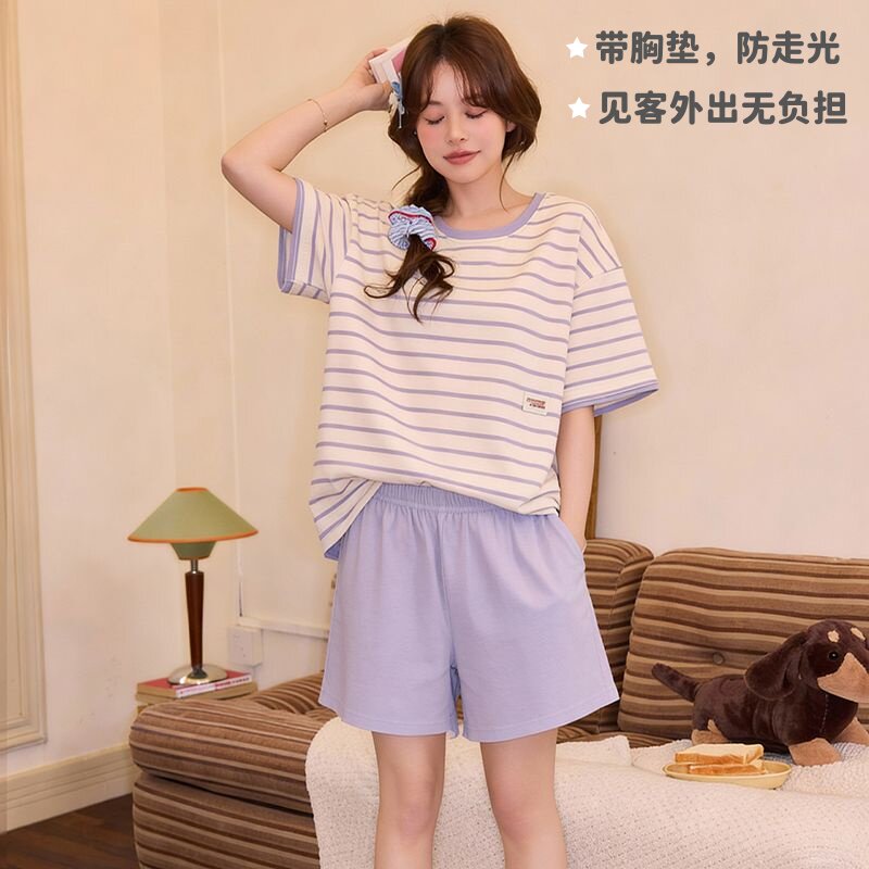 条纹带胸垫纯棉短袖短裤睡衣女夏