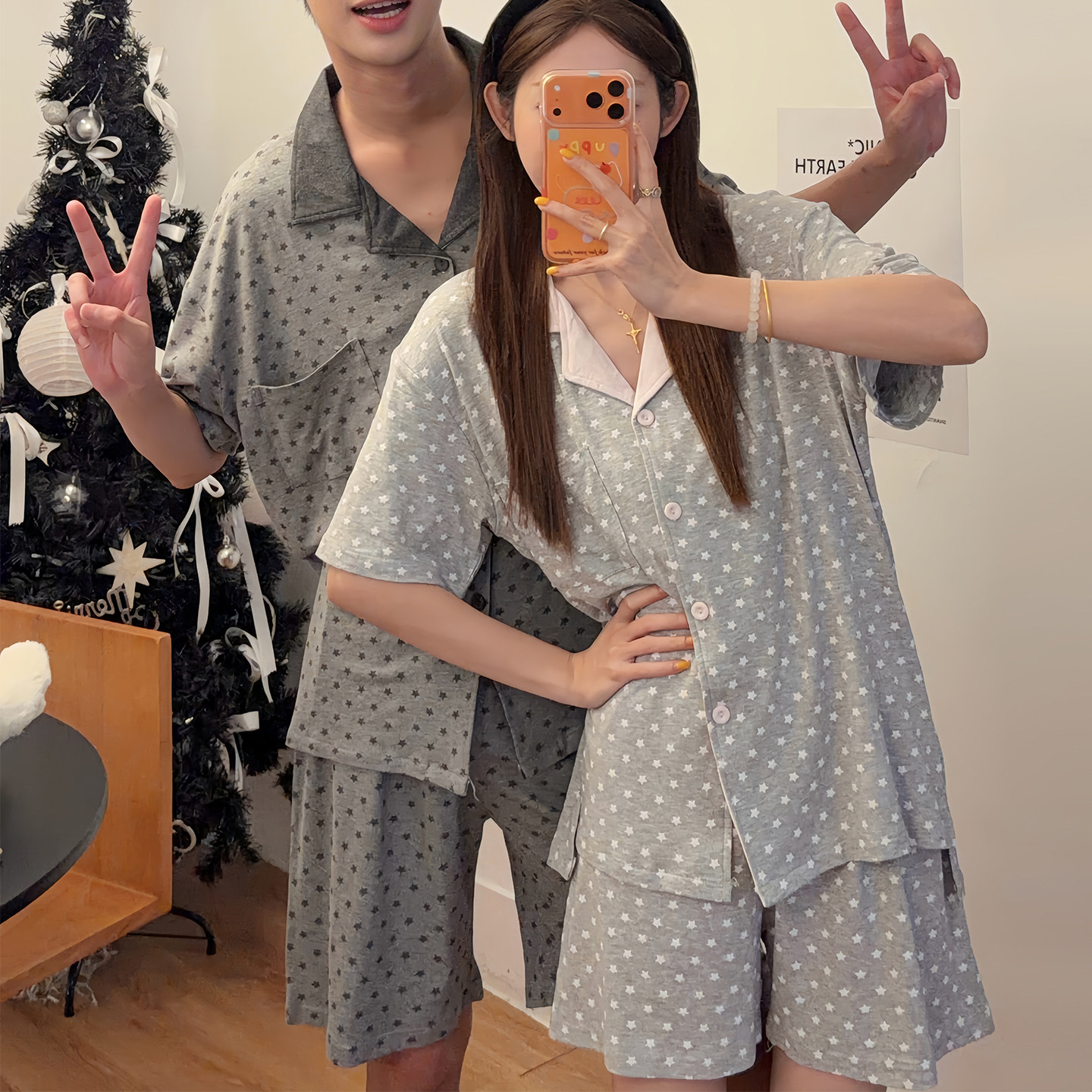 韩系星星夏情侣翻领睡衣大码外穿