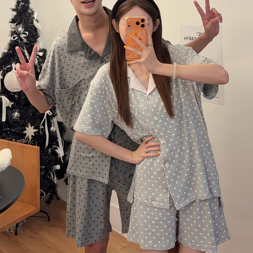 韩系星星夏情侣翻领睡衣大码外穿