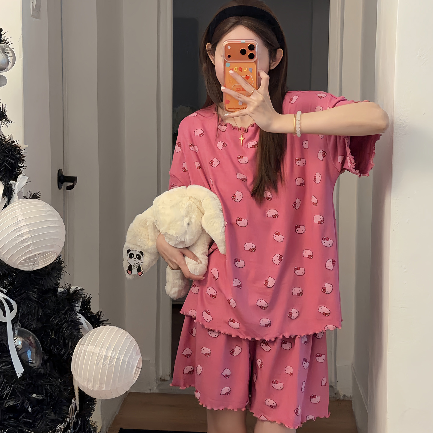 莫代尔粉KT猫女夏短袖睡衣大码