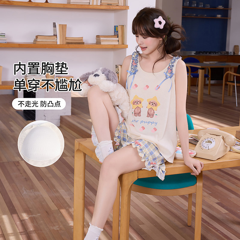 带胸垫莱赛尔背心睡衣夏花边狗狗