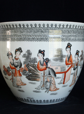 景德镇80年代八侍女墨彩庭院缸