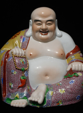 景德镇十大瓷厂雕塑瓷厂七十年代手绘粉彩弥勒佛罗汉陶瓷摆件收藏