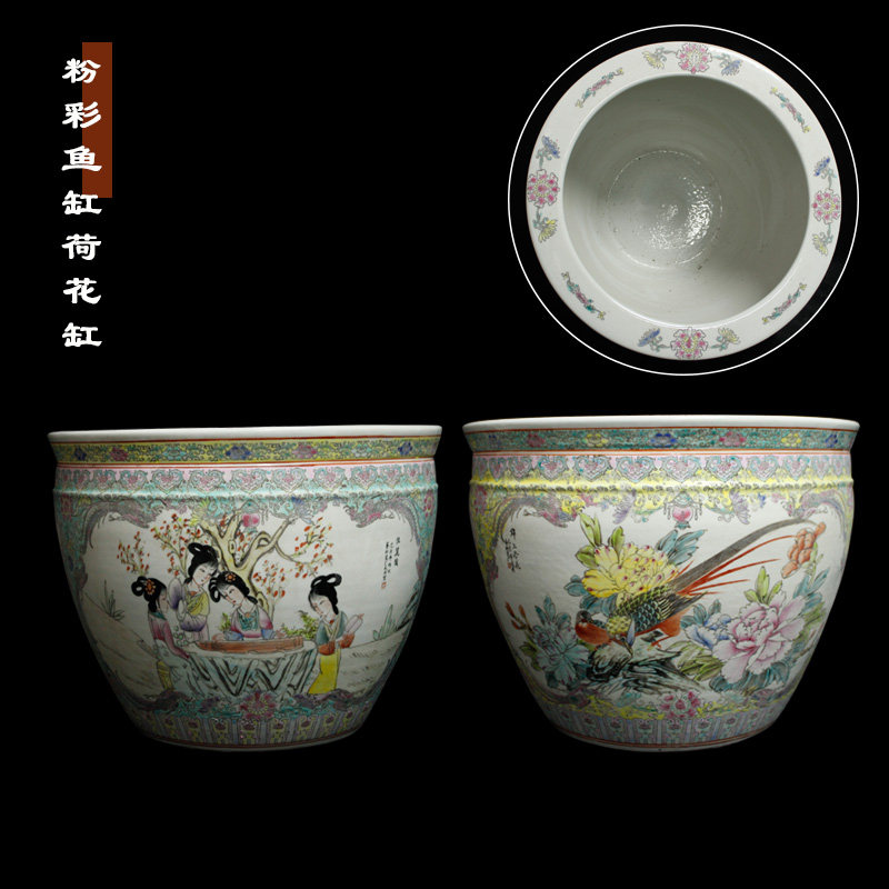 景德镇手绘粉彩花鸟佳丽园鱼缸养荷花高档瓷器家居摆件庭院水缸