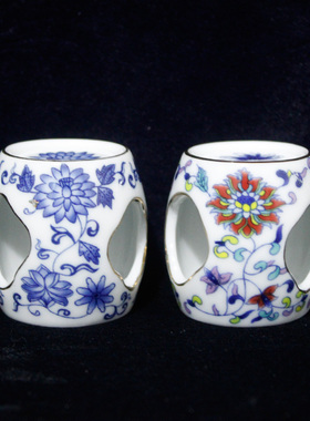 景德镇厂货陶瓷器青花斗彩缠枝莲镂空鼓凳盖置盖碗杯盖瓷库存收藏