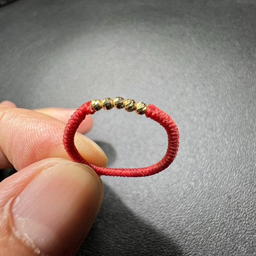 18k纯金五福转运批花菠萝珠蜡线本命年手工编织红绳戒圈戒指指环