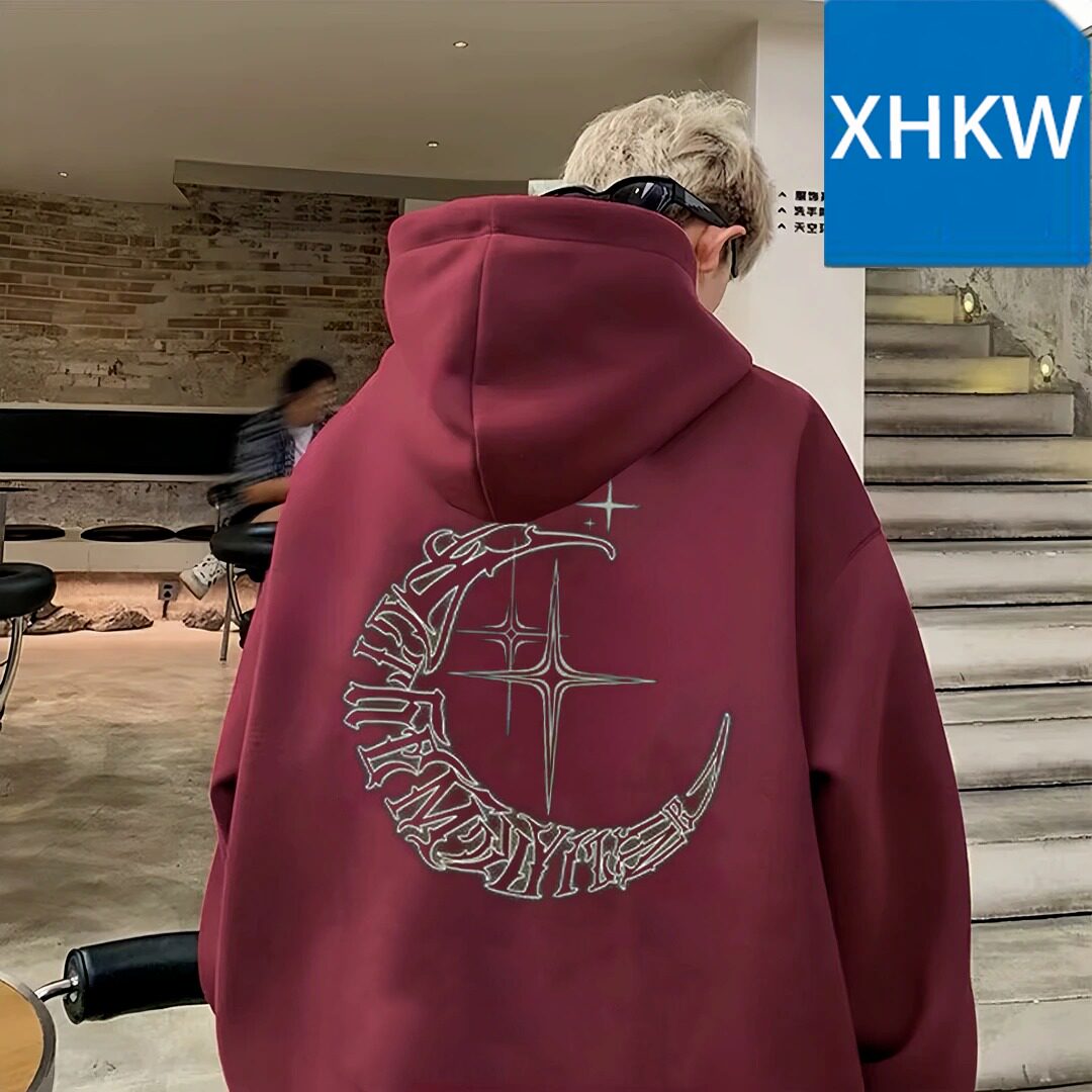 美式字母印花连帽卫衣男女酒红色新款加绒宽松套头上衣小青年潮牌