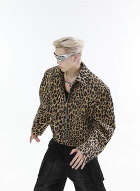 欧美风豹纹水洗牛仔外套男女秋冬新款翻领设计感短款宽松复古夹克