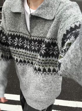 毛衣男开衫宽松休闲雪花图案拉链外套加厚加绒立领拉链针织线衫潮