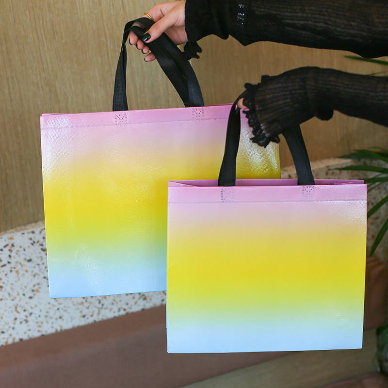 彩色三彩镭射覆膜无纺布手提购物袋简约大气男女装袋子订定制LOGO