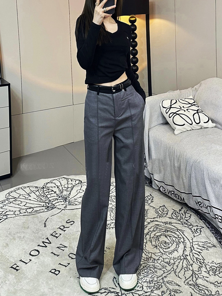 2023欧货潮女裤高腰垂感西装长裤拼色直筒裤春夏裤子女休闲阔腿裤