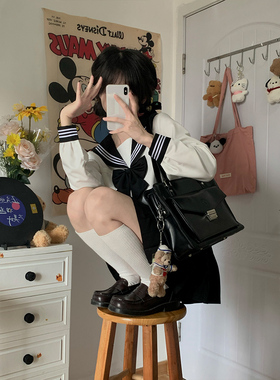 正版关西襟基础水手服中间服春夏款绀领黑三本白身黑领JK学生制服