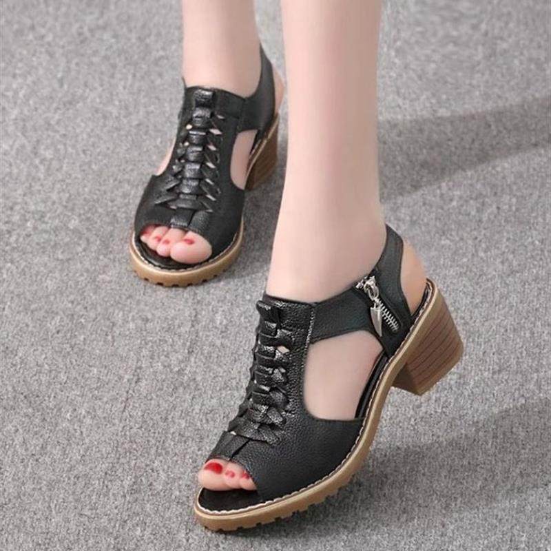 夏天时装凉鞋女2025新款高跟镂空拉链粗跟中跟软底鱼嘴妈时尚潮鞋,女鞋,时装凉鞋,淘宝优惠券,粉丝福利购,淘宝优惠卷