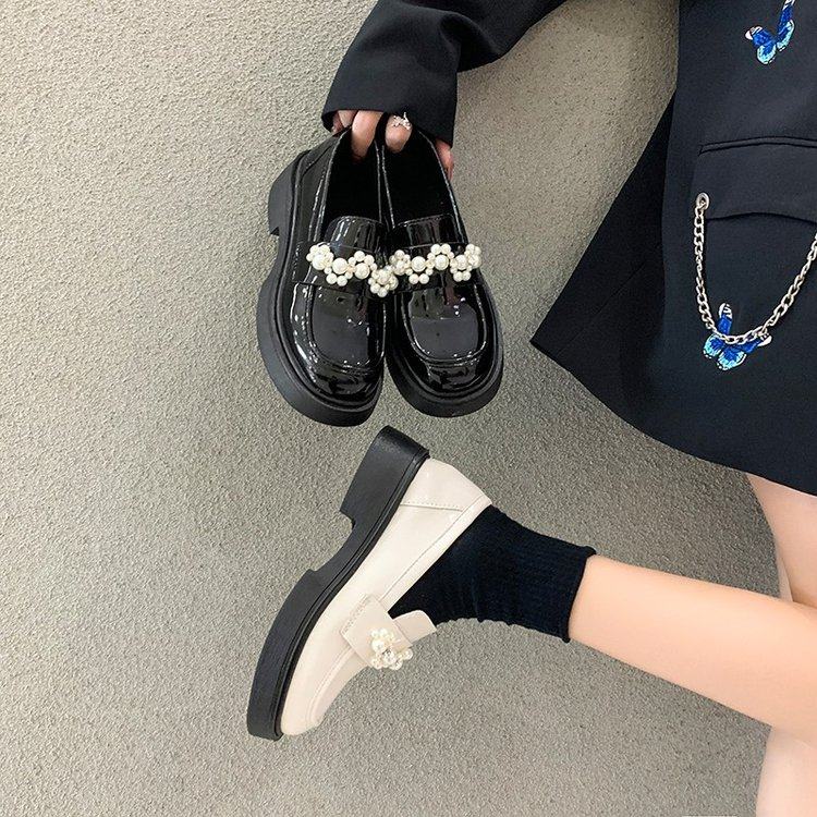 小皮鞋女春秋2025年新款法式珍珠厚底配裙子单鞋圆头一脚蹬乐福鞋,女鞋,浅口单鞋,淘宝优惠券,粉丝福利购,淘宝优惠卷