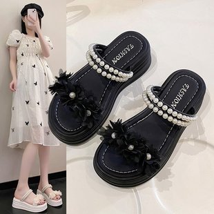 外穿夏季 温柔厚底鞋 女2025新款 仙女风法式 拖 珍珠两穿凉鞋 网红拖鞋