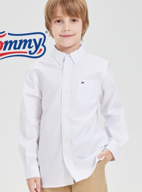 潮牌儿童白衬衫男童女童纯棉长袖衬衣中小学生纯棉白色上衣