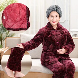 老人奶奶冬装睡衣女加肥大码200斤老太太三层加厚珊瑚绒夹棉袄