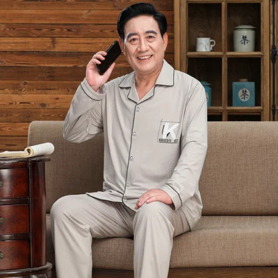 爸爸开衫长袖睡衣男秋冬季爷爷纯棉家居服中老年休闲舒适时尚T恤