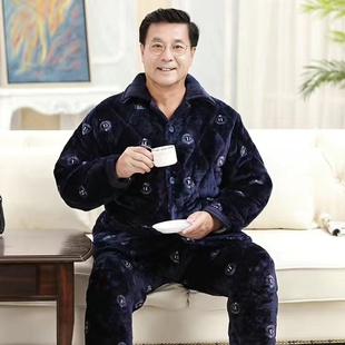 老头爷爷冬天保暖珊瑚绒夹棉衣 睡衣老人法兰绒男装 爸爸装 棉袄棉裤