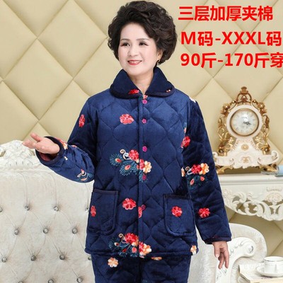 冬季婆婆加绒加厚家居服套装棉袄