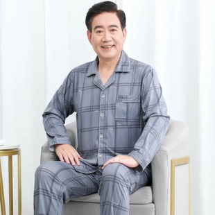 夏装 秋季 爷爷休闲男装 爸爸宽松睡衣男扣子开衫 中老年翻领衣服 长袖