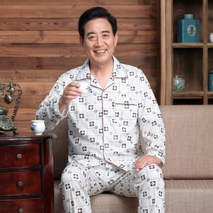 春季爸爸装睡衣男长袖长裤爷爷开衫开尿口中老年纯棉家居夏装外穿