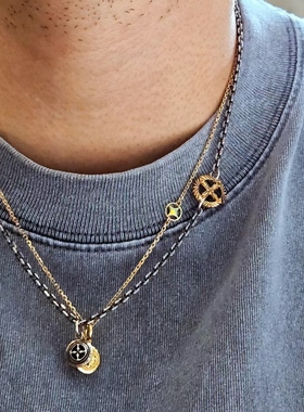 HORIZONBLUE SIVER十圆形十字架银饼项链925银男女个性潮流吊坠