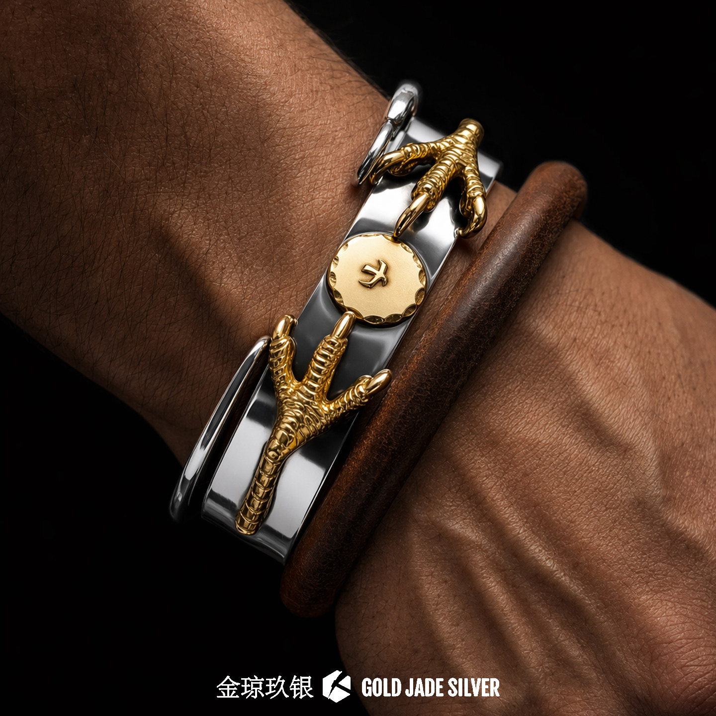金琼玖银|复古高桥吾郎潮流925银双鹰爪鹰台手镯男宽开口重工银饰