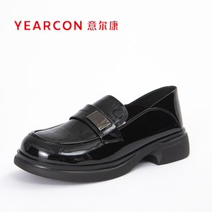 意尔康2024新款女鞋今年流行的乐福鞋漆皮英伦风高级感厚底05034