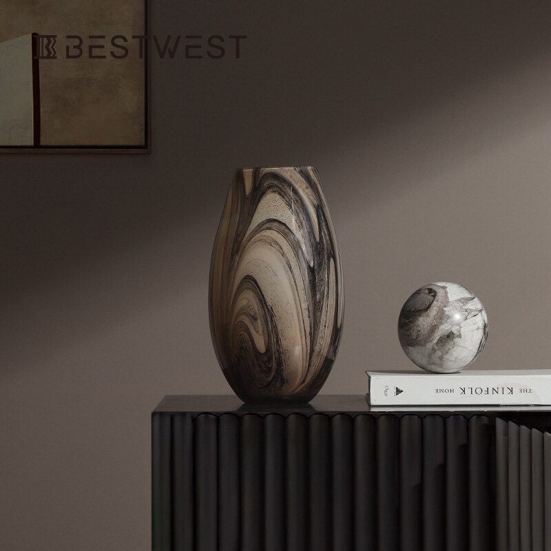 BESTWEST新中式创意水墨纹玻璃花瓶摆件展厅售楼处软装饰品插花器