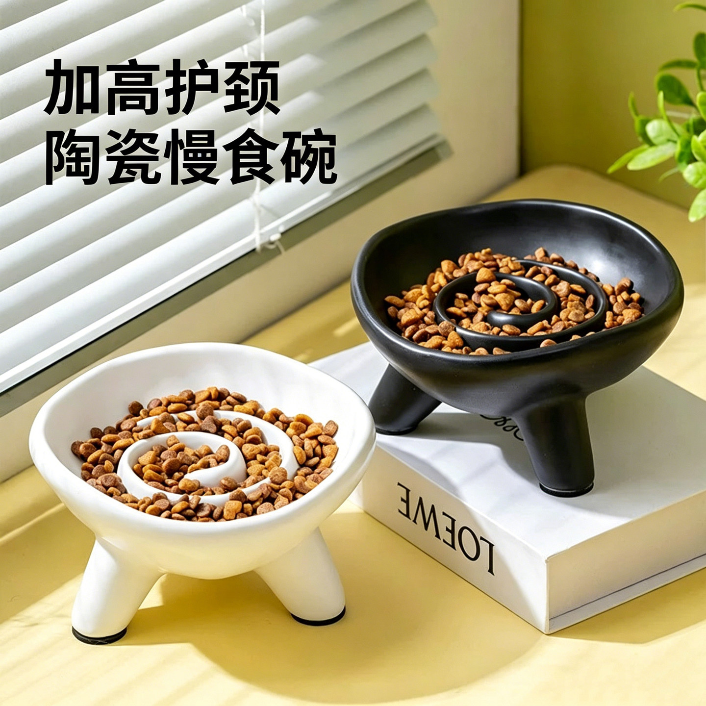 宠物陶瓷慢食碗高脚猫粮狗粮盆大口径猫饭碗小狗防噎防呛狗狗食盆