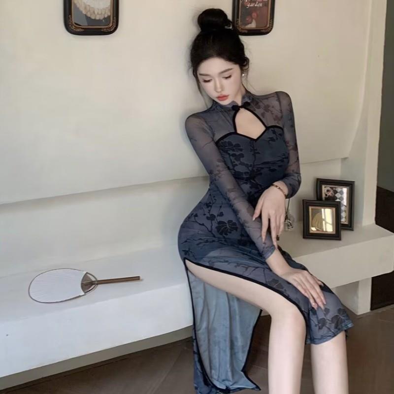 春季新中式复古典舞蹈旗袍网纱长袖连衣裙女技师服显白性感开叉裙
