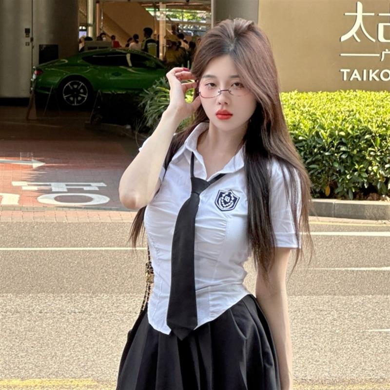 夏季学生装jk制服纯欲白色短袖衬衫女上衣收腰显瘦辣妹学院风衬衣