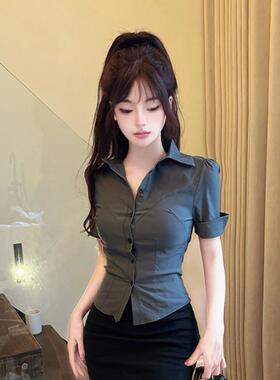 夏季灰色短袖衬衫女职业装修身性感御姐OL制服工作服气质衬衣上衣