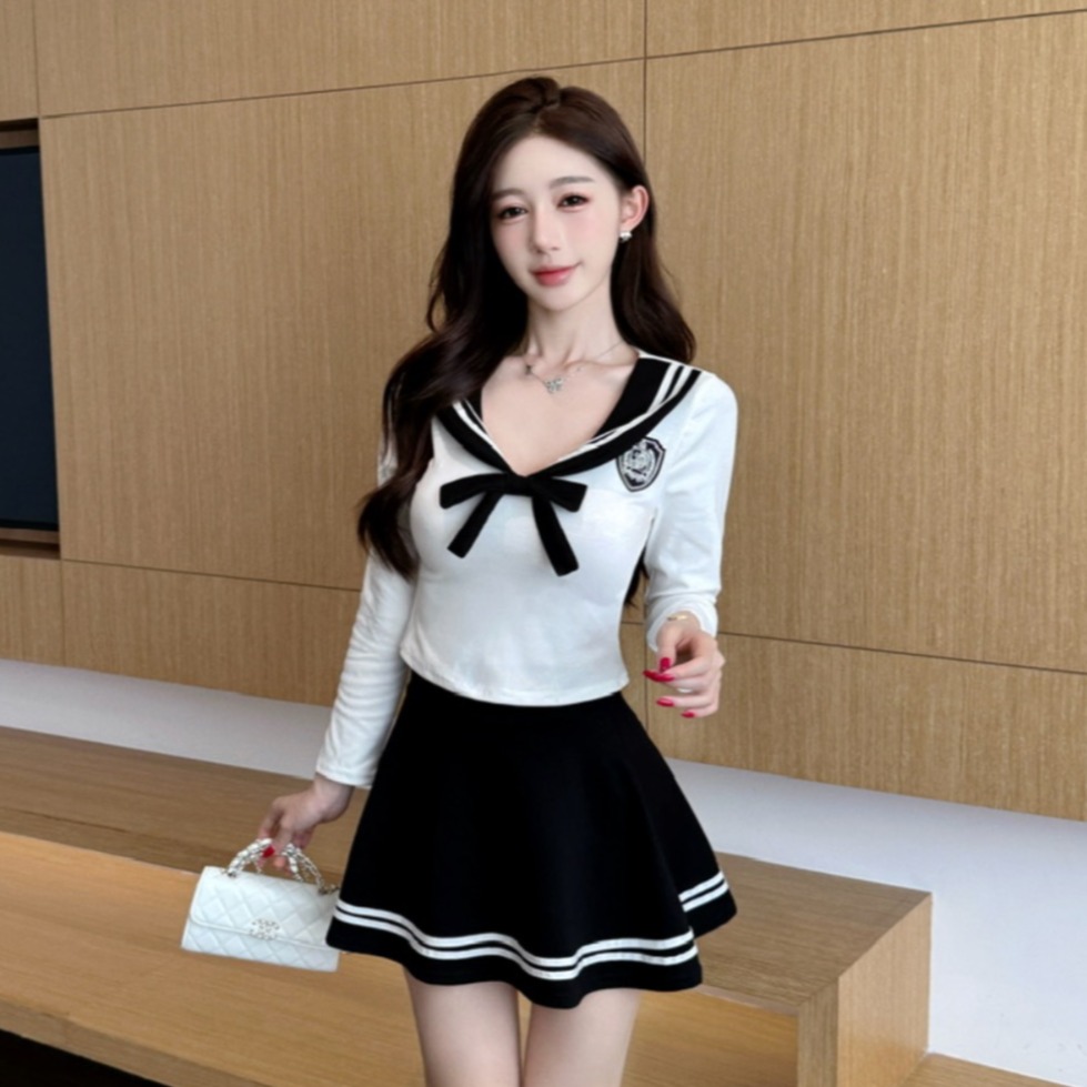 学院风海军领蝴蝶结连衣裙女秋季黑白撞色减龄显瘦工装JK制服套装