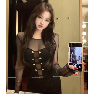 网纱拼接长袖收腰上衣女春秋季韩系辣妹风黑色透视小众设计感t恤
