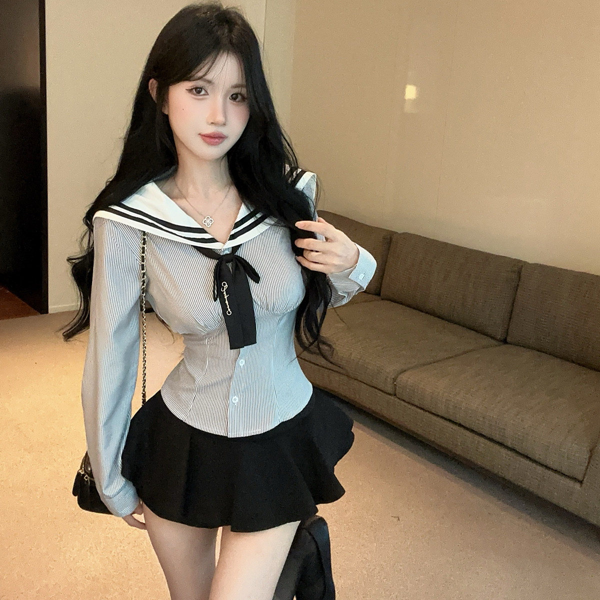秋季新款学院风jk制服套装女修身海军领长袖衬衫+高腰裤裙两件套