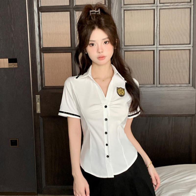 夏季白色V领衬衫女英伦学院风jk制服纯欲足浴技师工作服短袖上衣