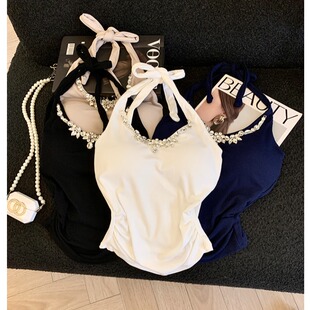 直播衣服女主播复古重工镶钻挂脖绑带吊带背心性感修身带胸垫上衣