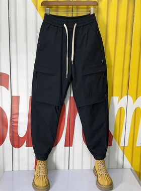潮牌拉链大口袋工装裤2024春季新款宽松束脚裤子男痞帅黑色休闲裤
