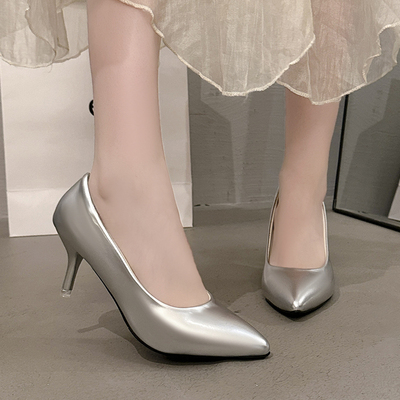 3-5公分工作银色漆皮7cm高跟鞋