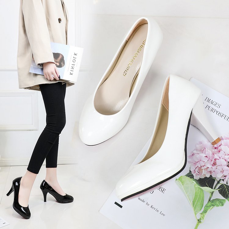 10厘米防水台高跟鞋女7cm细跟圆头职业白色万用COS单鞋工作大码皮