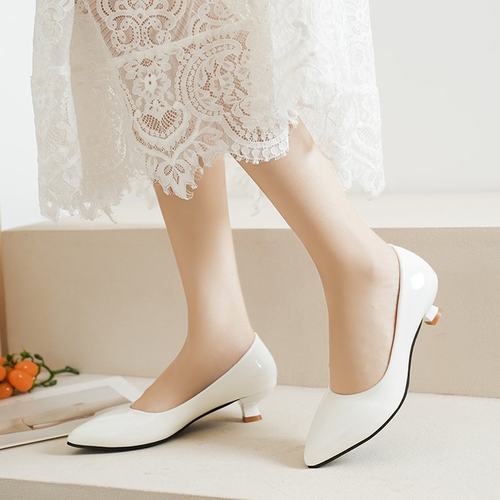 高跟鞋女白色低跟2cm尖头漆皮礼服工作职业百搭舒适单鞋浅口纯色3