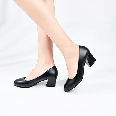 百搭高跟鞋女粗跟中跟3-5cm圆头工作职业上班单鞋浅口小皮鞋大码