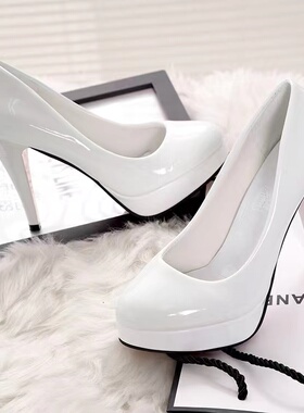 白色大码高跟鞋女8cm细跟防水台COS性感夜店职业单鞋工作10厘米ol