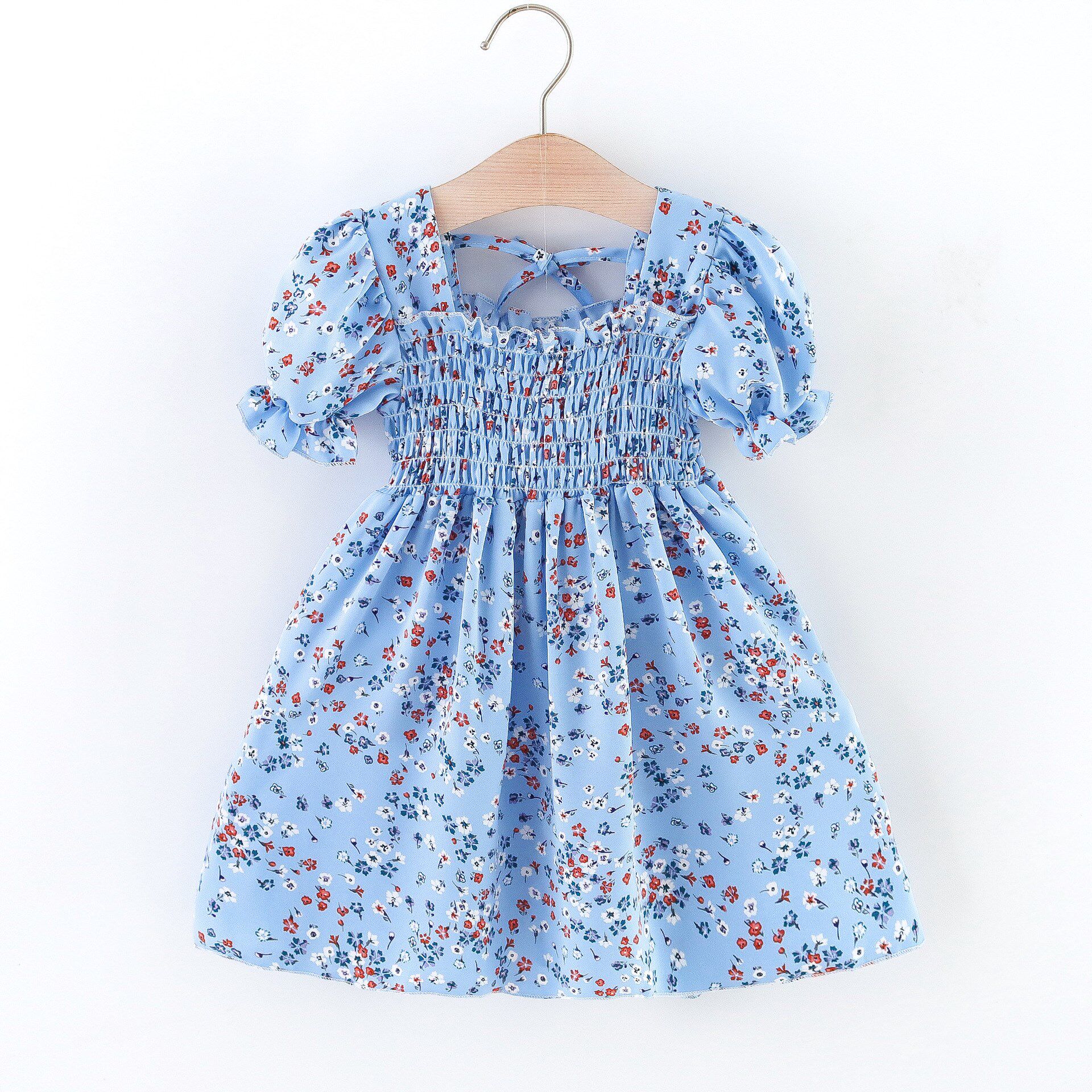 女童连衣裙夏季童装新款小碎花露背a字裙洋气泡泡袖儿童公主裙