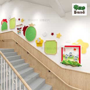 幼儿园墙面立体楼梯走廊墙面环创红色主题文化教育方针文化墙布置